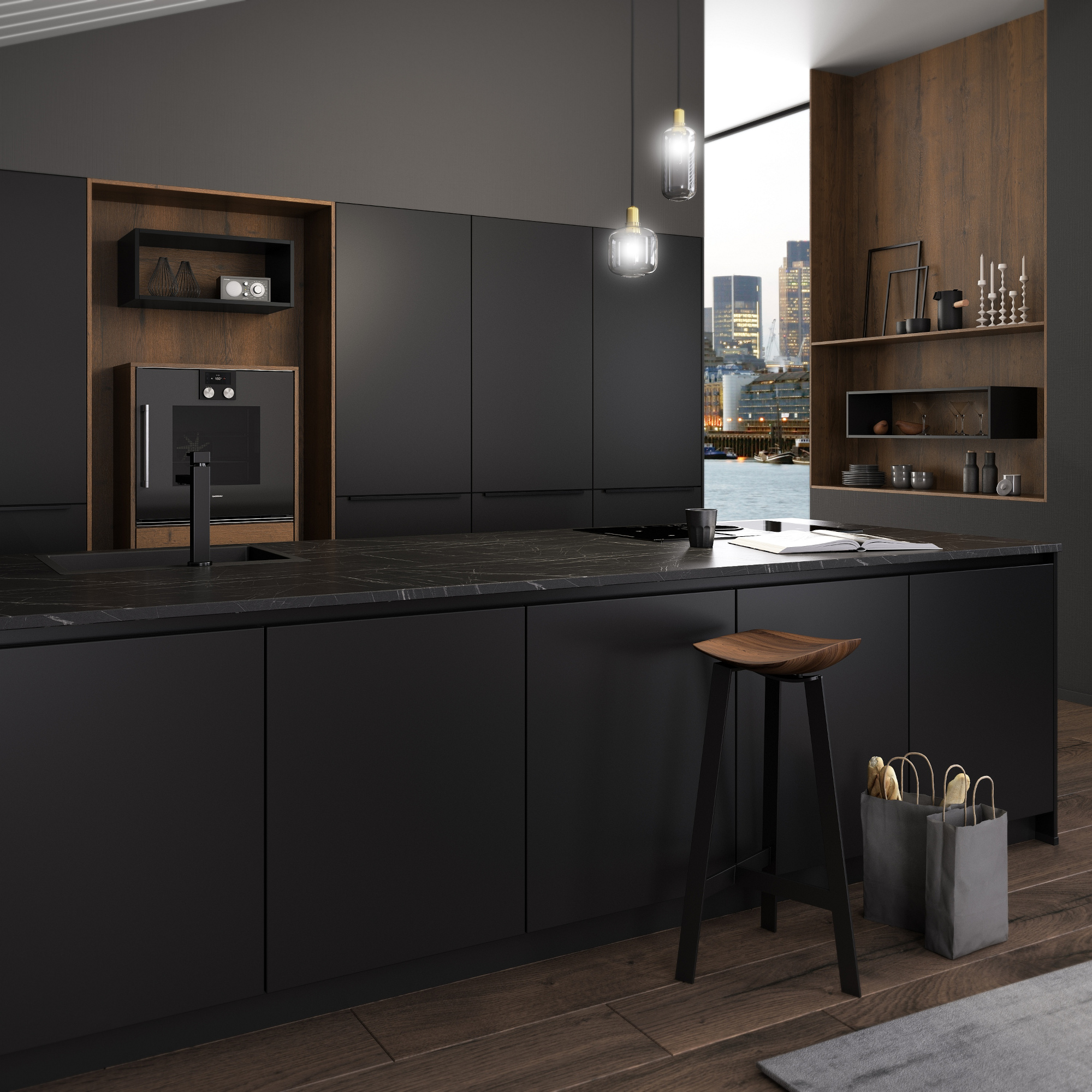 Artego Küche grifflos Lackoberfläche Sense schwarz Eiche braun